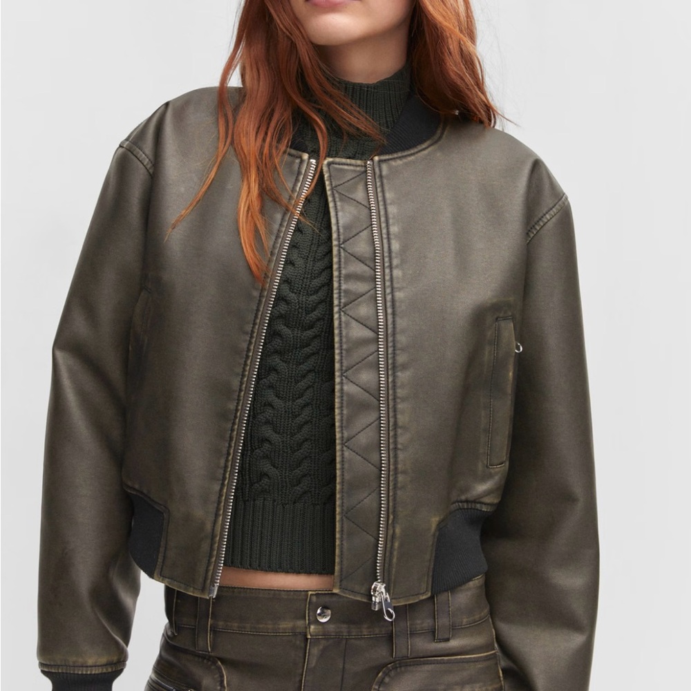 Mango Khaki Brown Leather Bomber Jacket